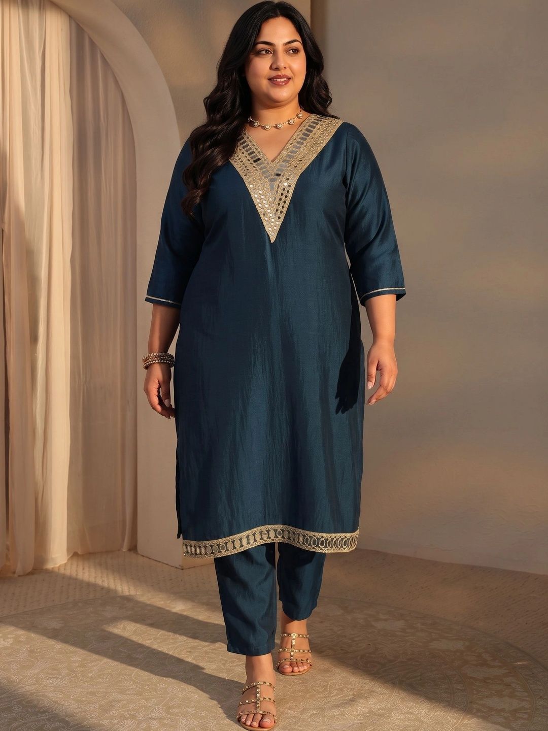 Women Regular Mirror Work Kurta with Trousers
