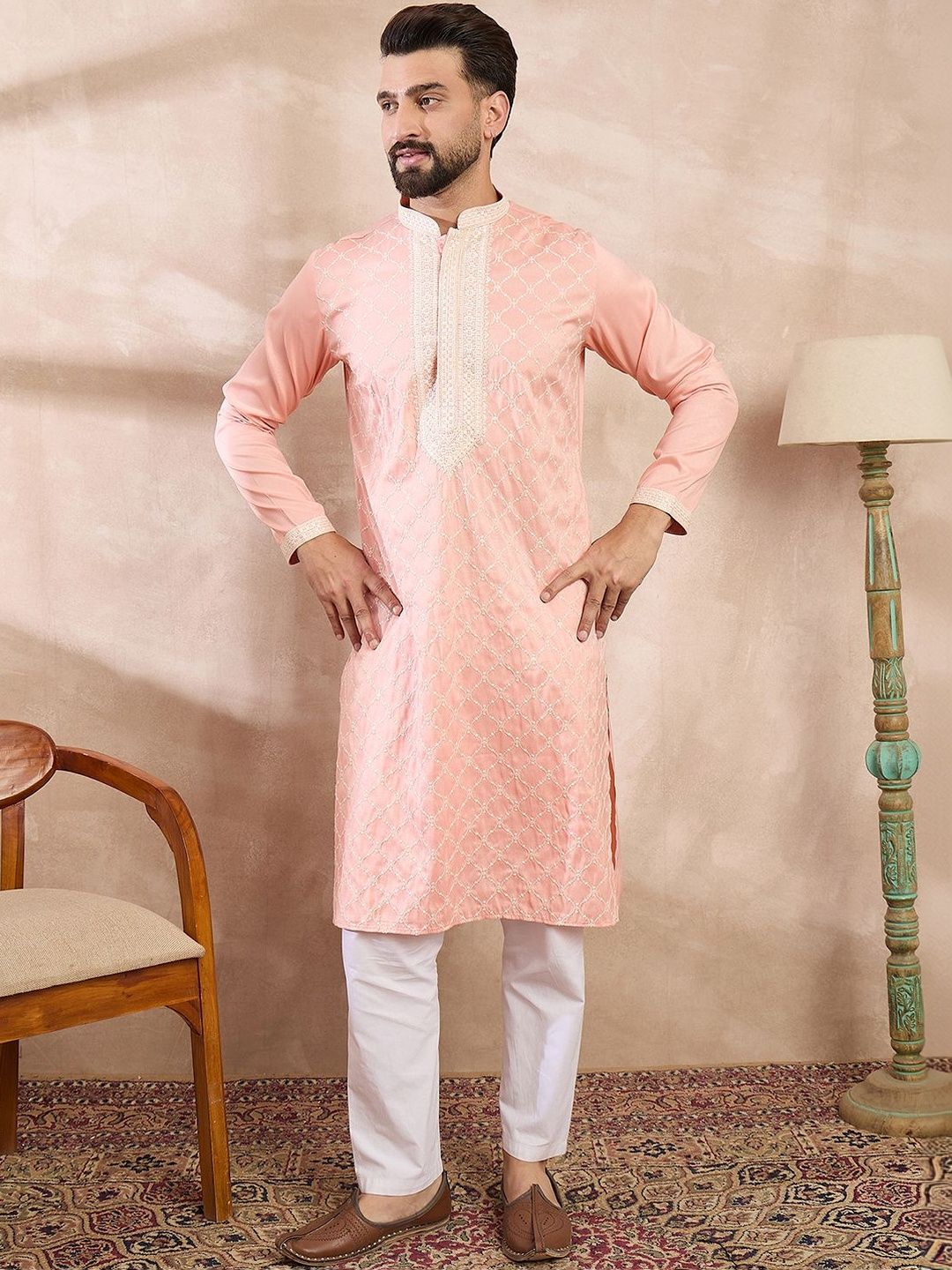 Embroidered Mandarin Collar Kurta & Trousers Kurta Sets
