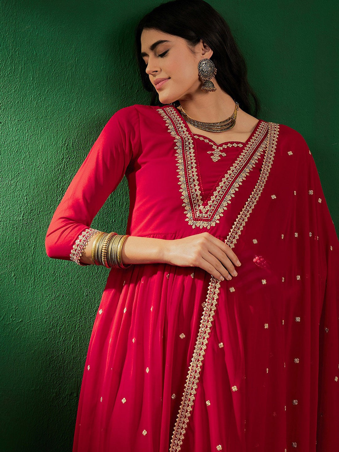 Embroidered Zari Sequined A-Line Georgette Kurta With Palazzo & Dupatta