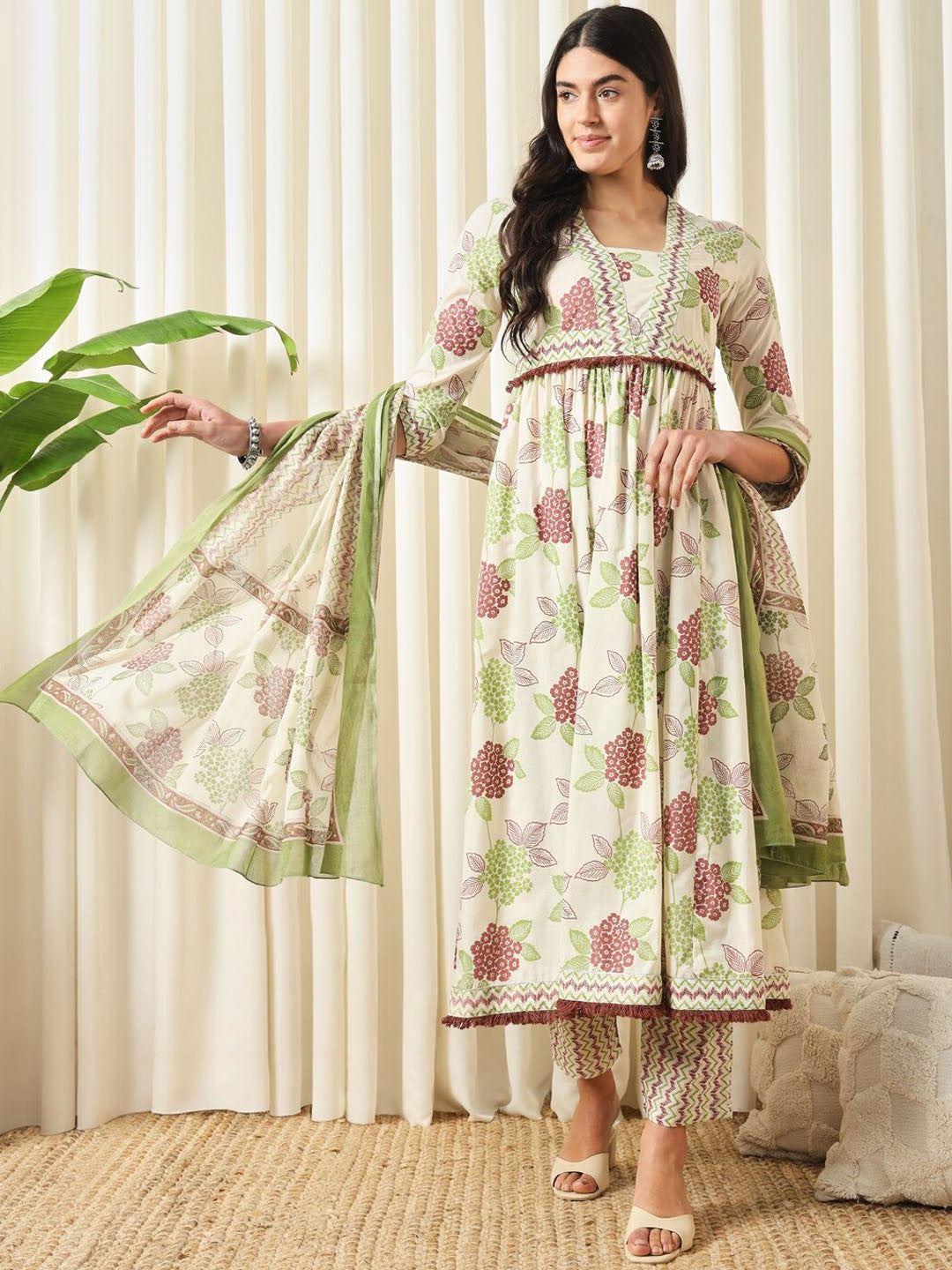 Floral Printed Empire Pure Cotton Flared Anarkali Kurta With Trousers & Dupatta