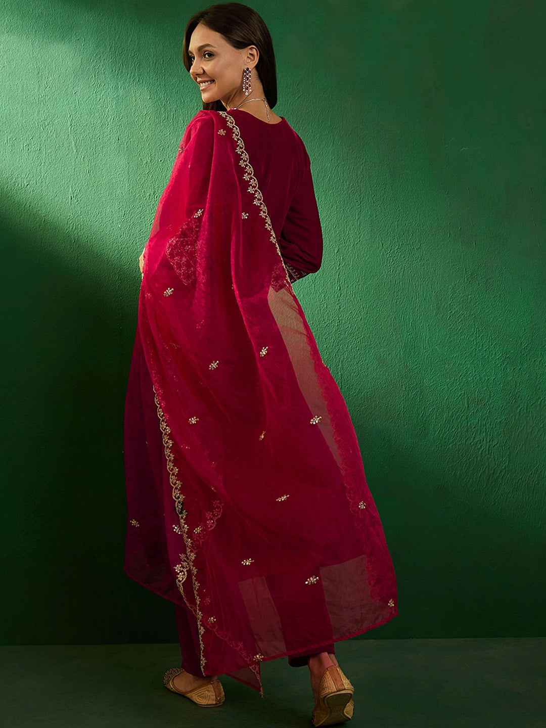 Embroidered V-Neck Kurta With Trousers & Dupatta