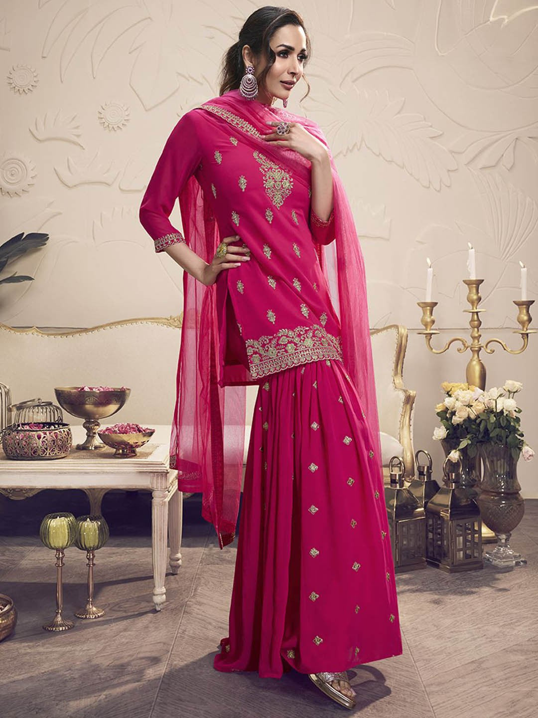 Floral Embroidered Regular Georgette Straight Kurti With Sharara & Dupatta