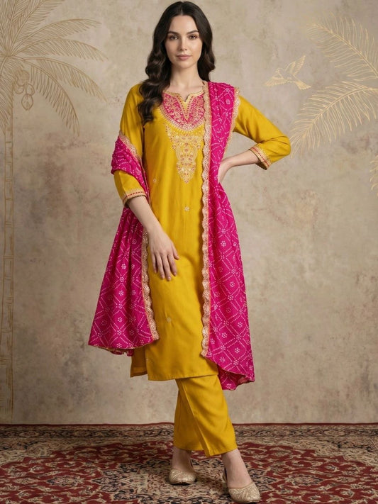 Women Ethnic Motifs Embroidered Regular Kurta with Trousers & With Dupatta