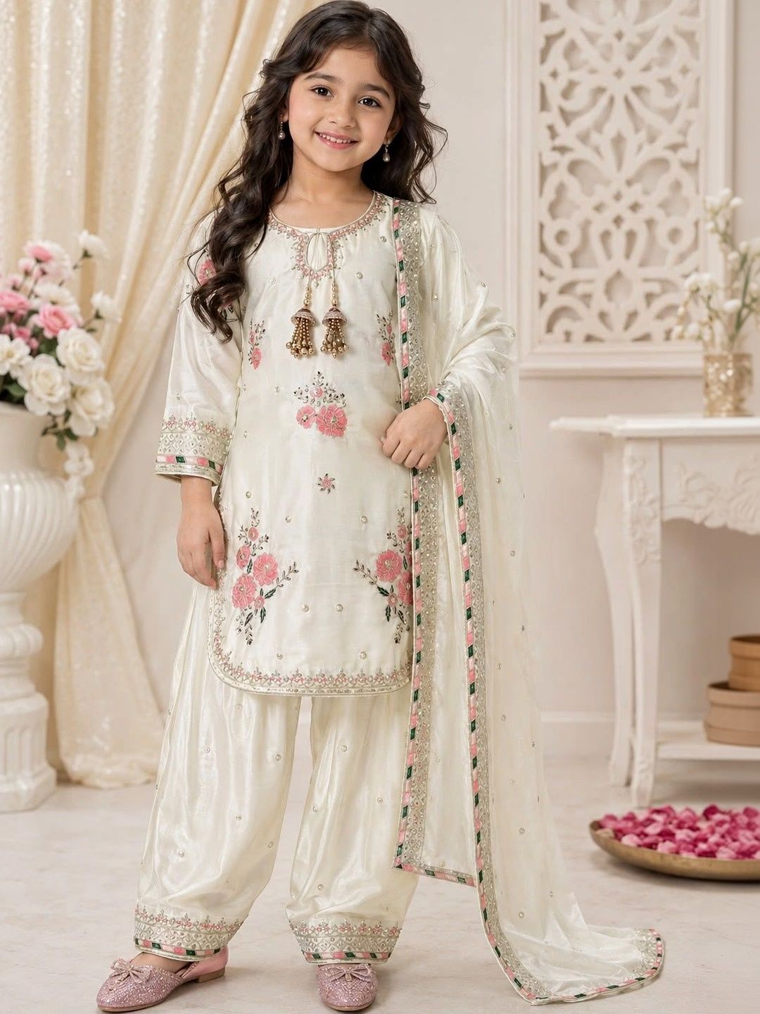 Girls Floral Embroidered Regular Sequinned Kurta with Patiala & With Dupatta