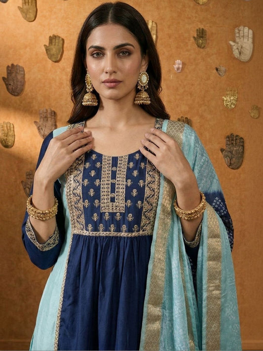 Women Ethnic Motifs Embroidered Regular Thread Work Kurta with Trousers & With Dupatta