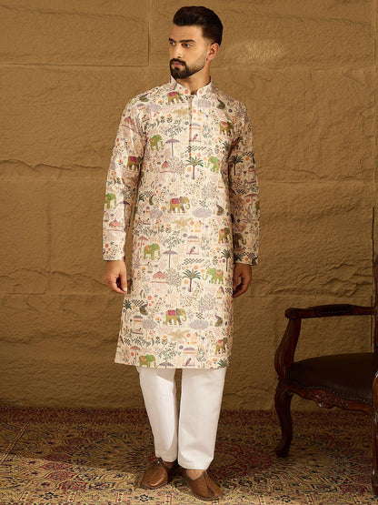 Ethnic Motifs Printed Mandarin Collar Straight Kurta & Trousers