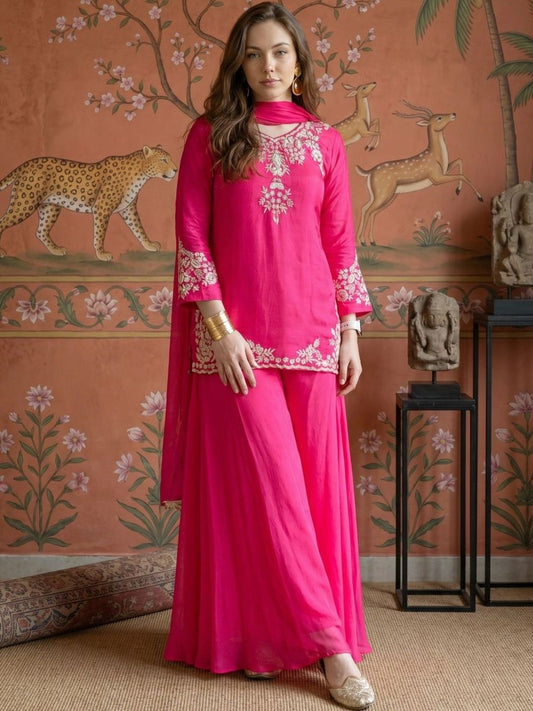 Women Ethnic Motifs Embroidered Regular Thread Work Kurta with Sharara & With Dupatta