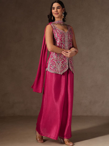 Women Ethnic Motifs Embroidered Regular Thread Work Silk Chiffon Kurta with Palazzos & With Dupatta
