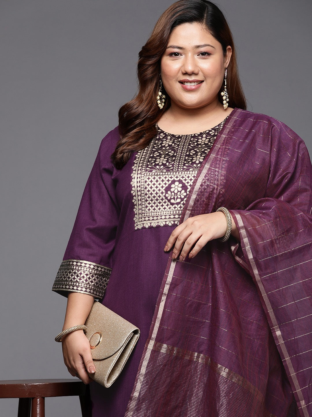 Women Plus Size Purple Ethnic Motifs Kurta with Palazzos & With Dupatta