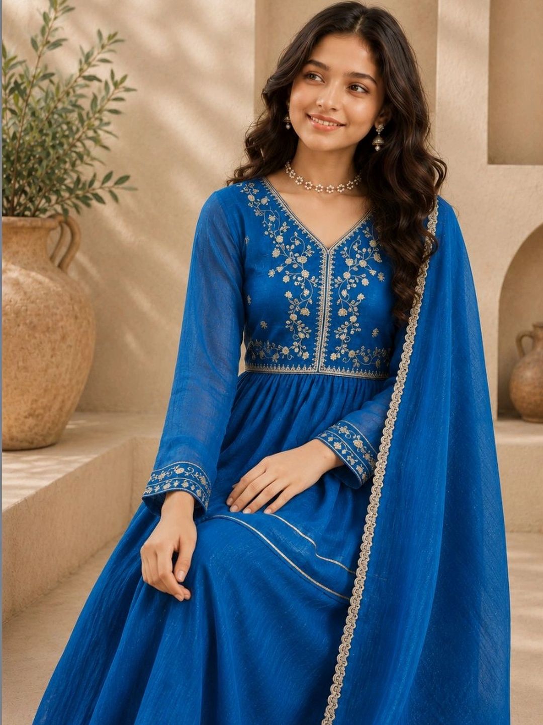 Girls Ethnic Motifs Embroidered Empire Thread Work Pure Silk Kurta with Sharara & With Dupatta