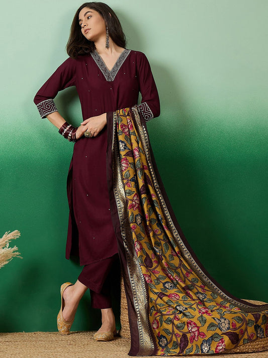 Embroidered Straight Kurta With Trouser & Dupatta Set