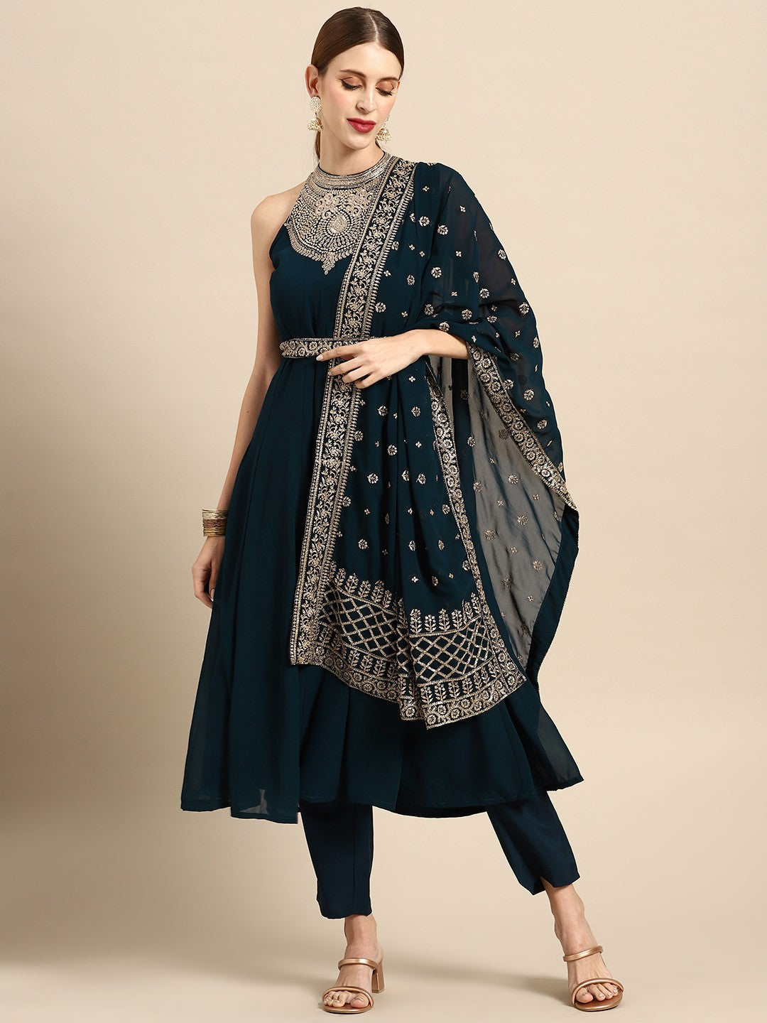 Women Teal Blue Ethnic Motifs Embroidered Kurta with Trousers & Dupatta