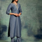 Blue Floral Yoke Design Zari Straight Kurta With Trousers & Dupatta