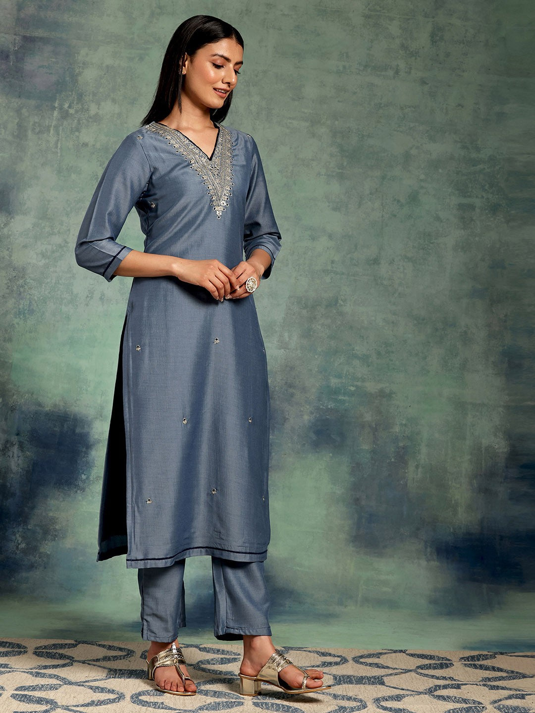 Blue Floral Yoke Design Zari Straight Kurta With Trousers & Dupatta