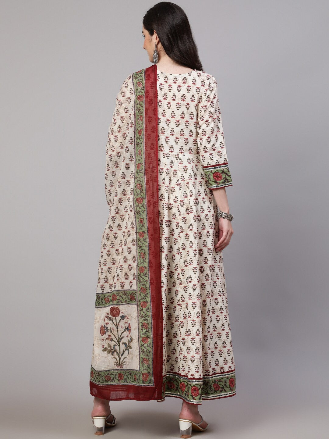 Ethnic Motifs Printed Pure Cotton Mirror Work A-line Kurta & Trousers With Dupatta