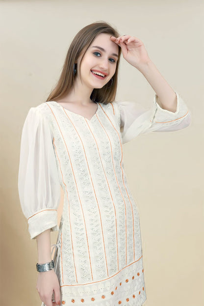 V-Neck Embroidered Sequinned Georgette Straight Kurta With Sharara And Dupatta