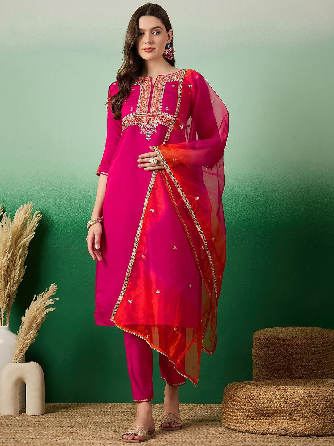 Notch Neck Embroidered Straight Kurta With Trouser & Dupatta Set