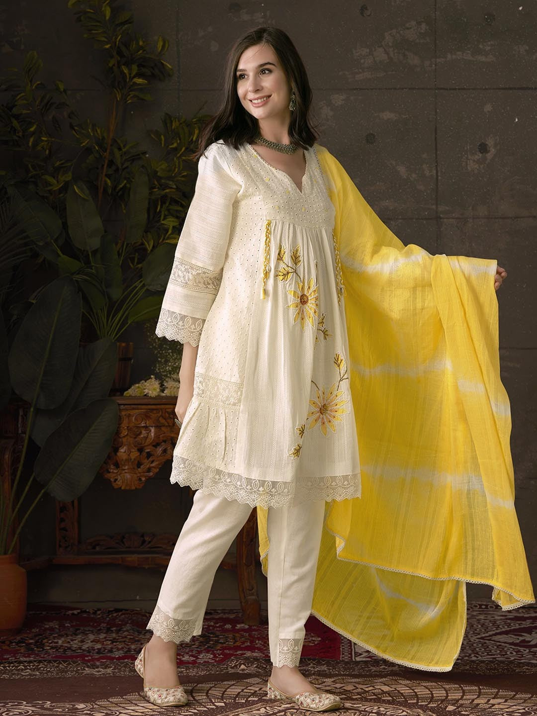 Embroidered Pleated Chikankari Pure Cotton A-Line Kurta With Trousers & Dupatta