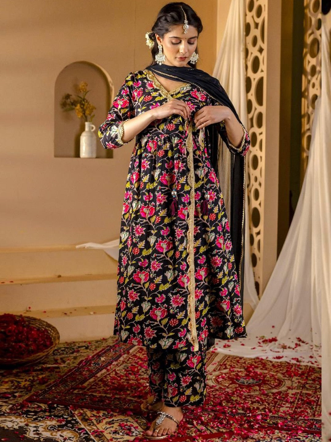 Floral Printed Angrakha Gotta Patti Pure Cotton Kurta with Palazzos & Dupatta