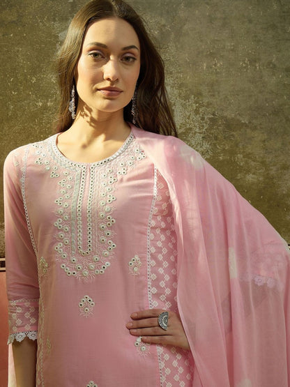 Embroidered Pure Cotton Round Neck Kurta & Palazzos With Dupatta Kurta Set