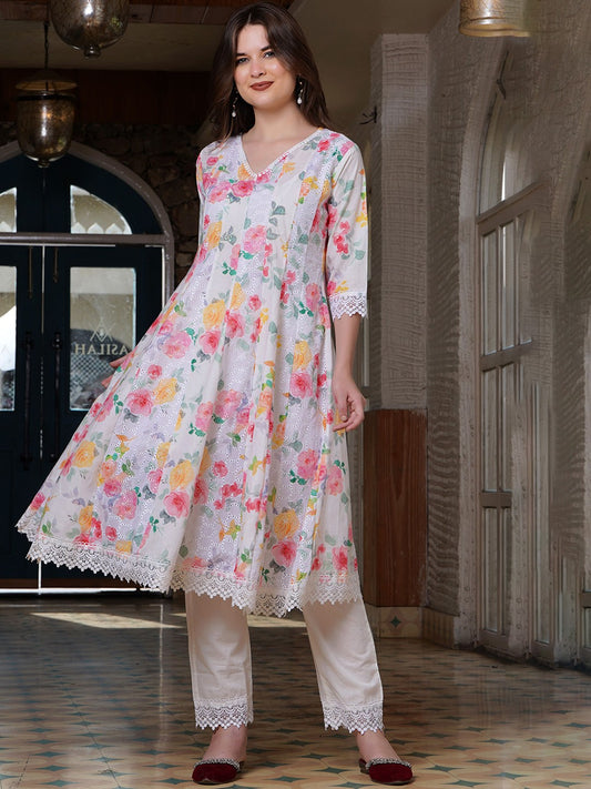 Floral Printed Panelled Pure Cotton Kurta With Trousers