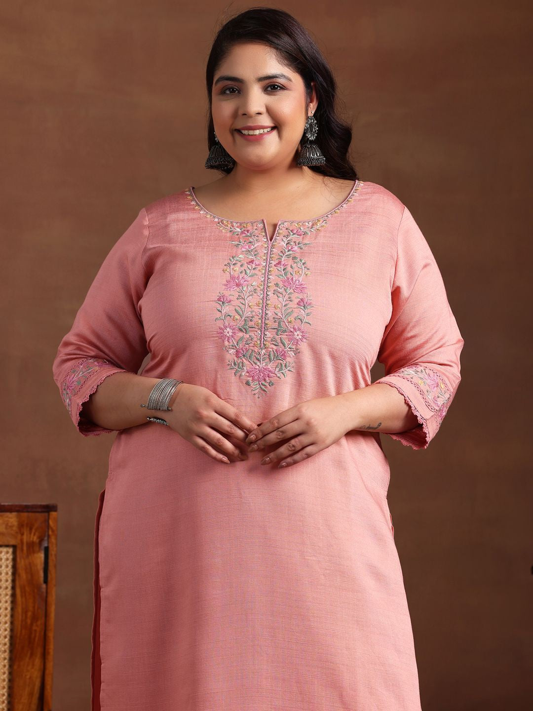 Plus Size Floral Yoke Design Straight Kurta with Palazzo & Dupatta