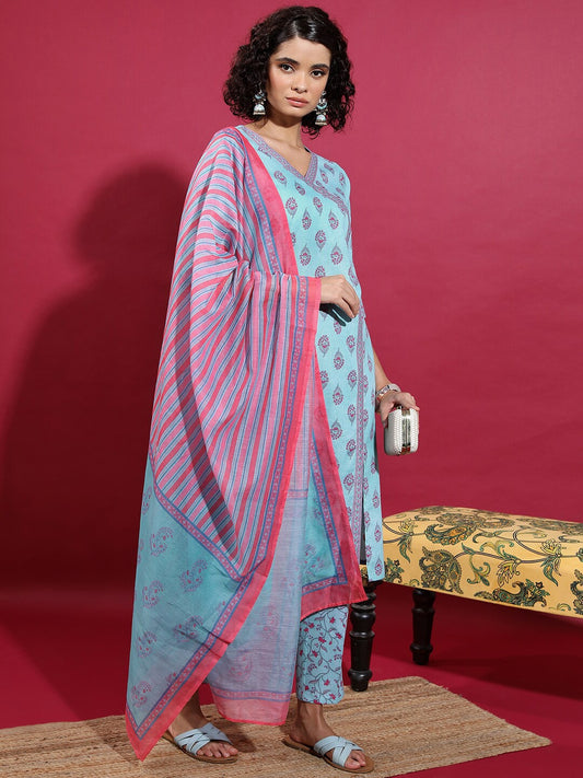 Floral Printed A Line Kurta With Trousers & Dupatta