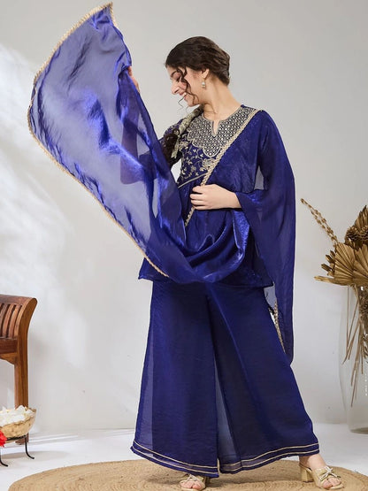 Girls Royal Blue Embroidered Peplum Kurta And Plazzo With Dupatta Set