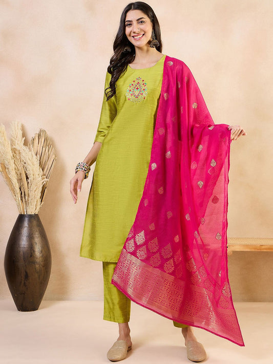 Green Floral Yoke Design Straight Kurta With Trousers & Dupatta