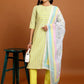 Yellow Striped Keyhole Neck Straight Kurta with Trousers & With Dupatta