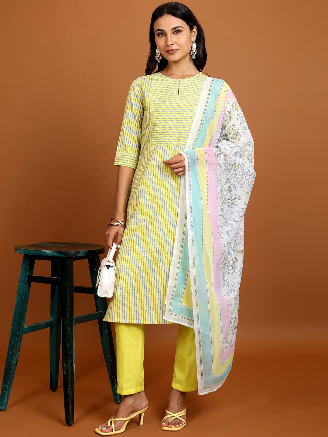 Yellow Striped Keyhole Neck Straight Kurta with Trousers & With Dupatta