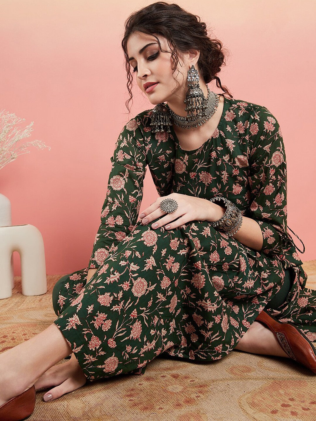 Green Floral Printed Pure Cotton Anarkali Kurta With Trousers