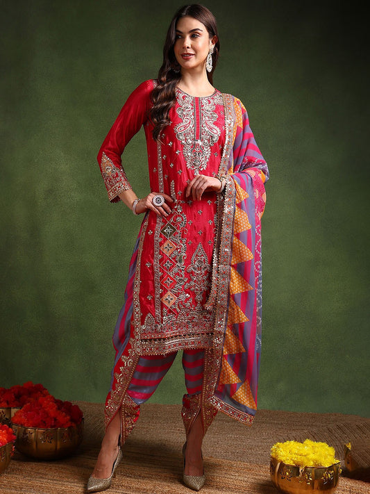 Ethnic Motifs Embroidered Sequinned Silk Chiffon Kurta Set