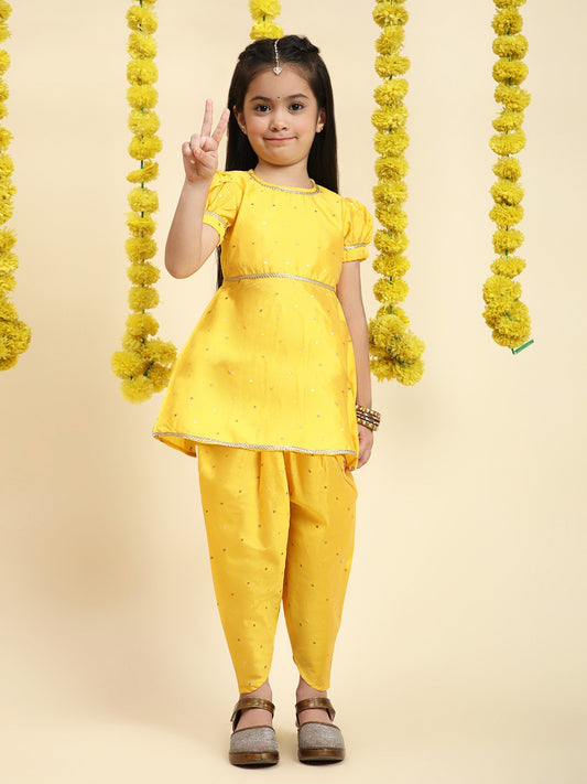 Girls Ethnic Motifs Embroidered Zari A-Line Kurta With Dhoti Pants