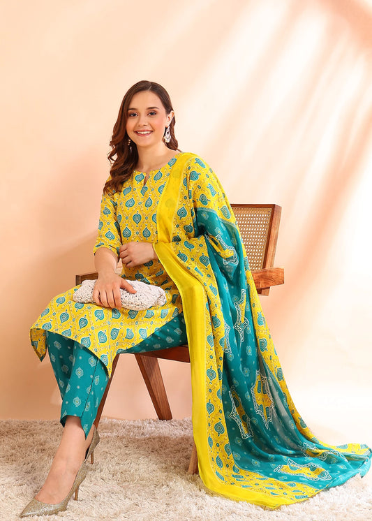 Women Yellow Viscose Rayon Kurti Pant Dupatta Set