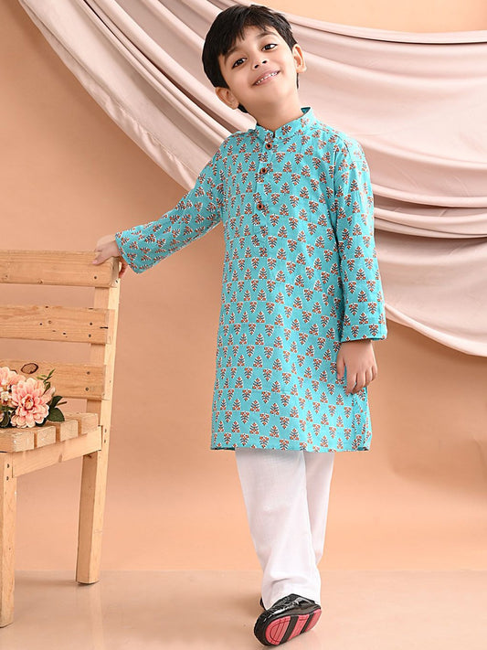 Boys Blue Floral Printed Pure Cotton Straight Kurta Set