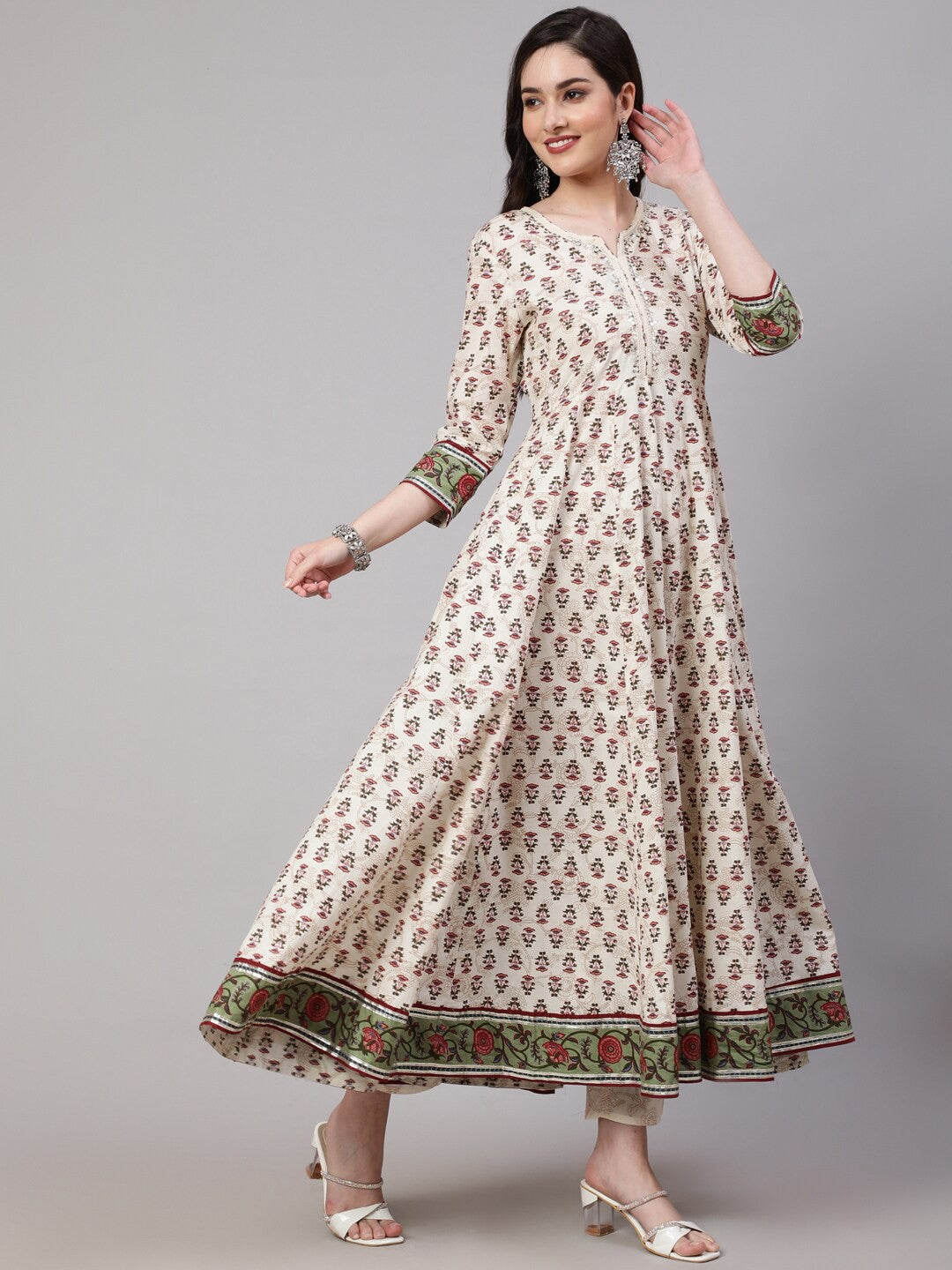 Ethnic Motifs Printed Pure Cotton Mirror Work A-line Kurta & Trousers With Dupatta