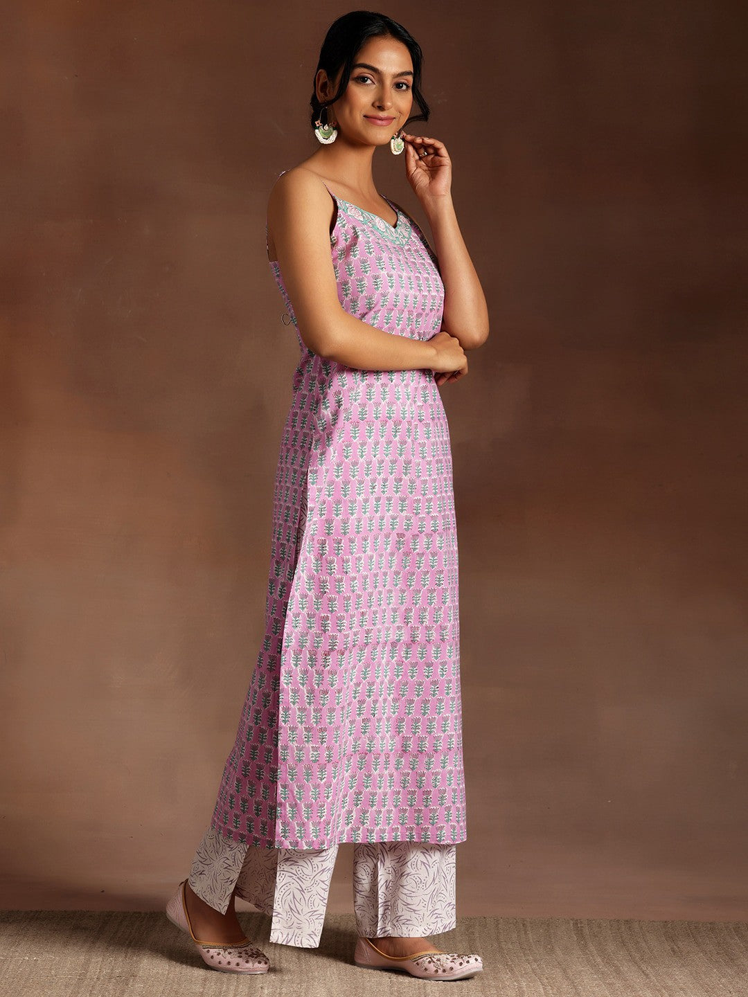 Floral Printed Shoulder Straps Pure Cotton Kurta With Palazzos & Dupatta