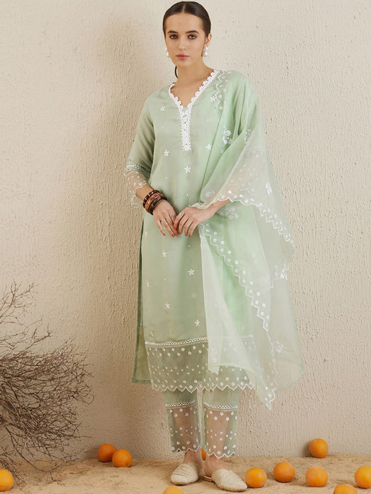 Floral Embroidered Regular Thread Work Kurta with Trousers & Dupatta