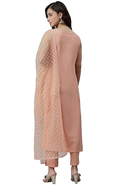 Women's Peach Poly Crepe Solid Kurta with Pant and Dupatta - Amy's Cart