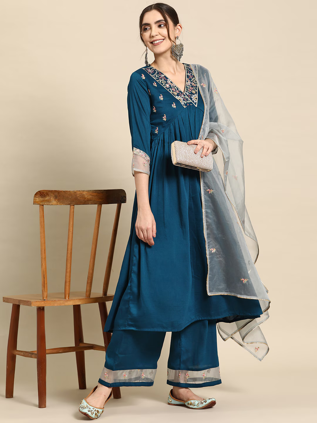 Floral Embroidered Empire Thread Work Kurta With Palazzos & Dupatta