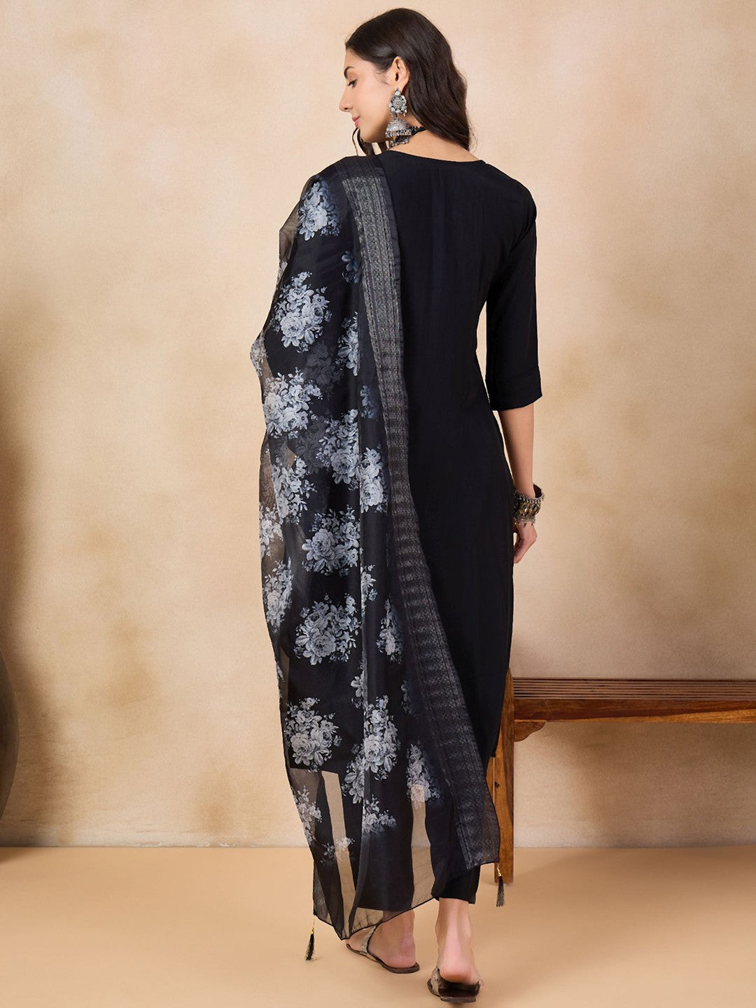 Black Ethnic Motifs Embroidered Chanderi Silk Straight Kurta & Trouser With Dupatta