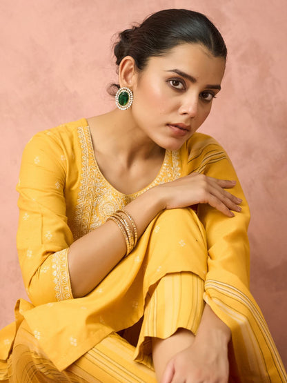 Woven Design Floral Embroidered Straight Kurta With Trouser And Dupatta
