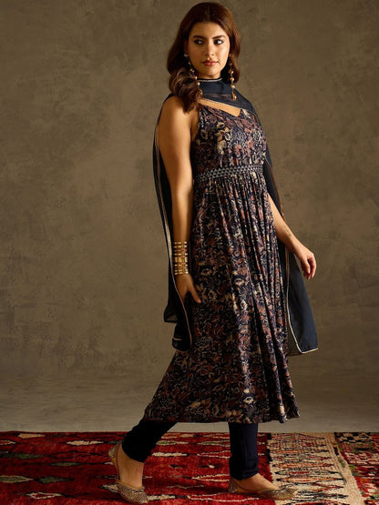Floral Printed Shoulder Straps Empire A-Line Kurta With Trousers & Dupatta