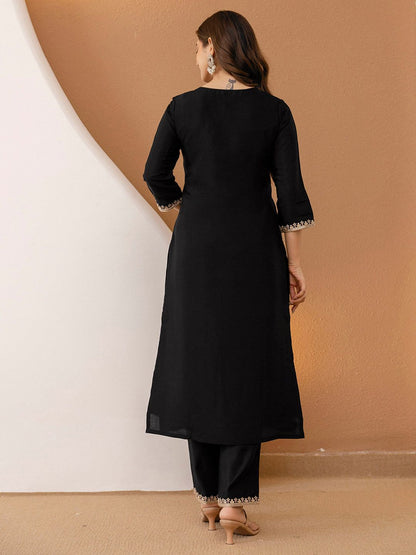Women Black Silk Blend Embroidered Kurta & Trousers With Dupatta