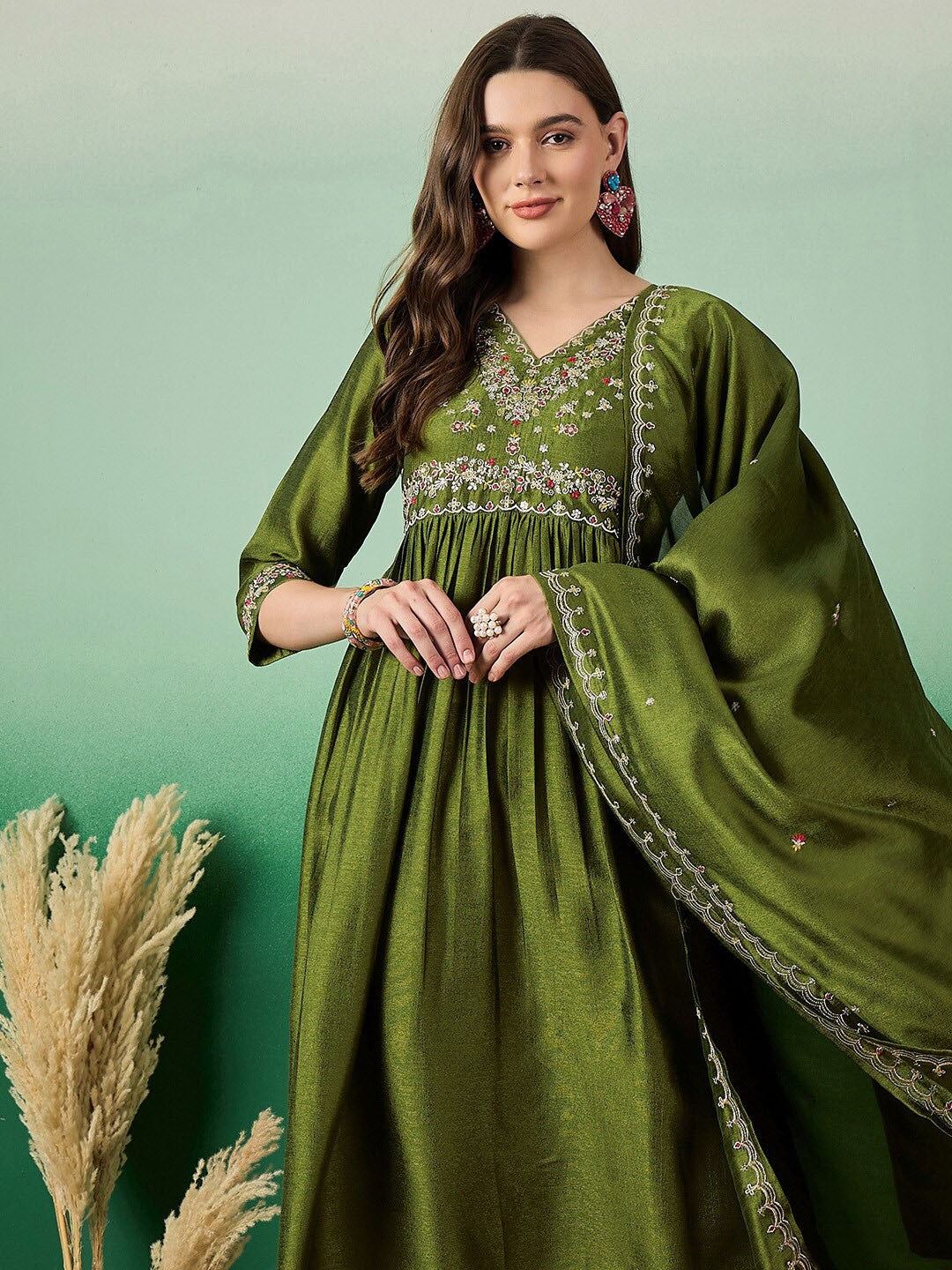 Floral Embroidered A-Line Kurta With Palazzo & Dupatta