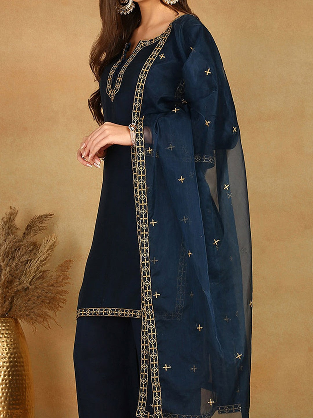 Blue Yoke Design Straight Kurta with Trousers & Dupatta