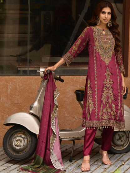 Women Ethnic Motifs Embroidered Regular Thread Work Silk Crepe Kurta with Trousers & With