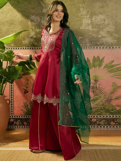 Embroidered A-Line Kurta With Palazzo & Dupatta