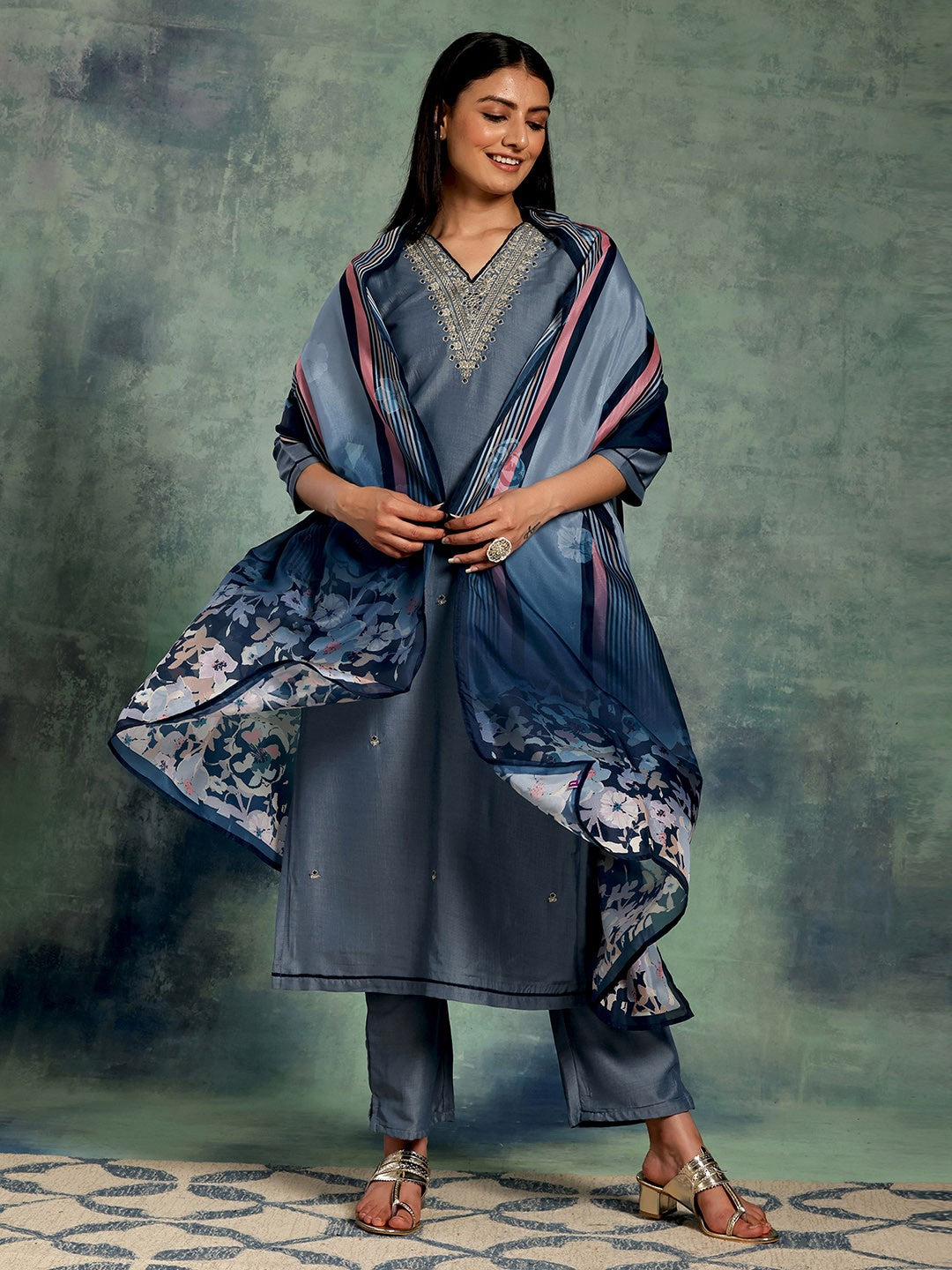 Blue Floral Yoke Design Zari Straight Kurta With Trousers & Dupatta